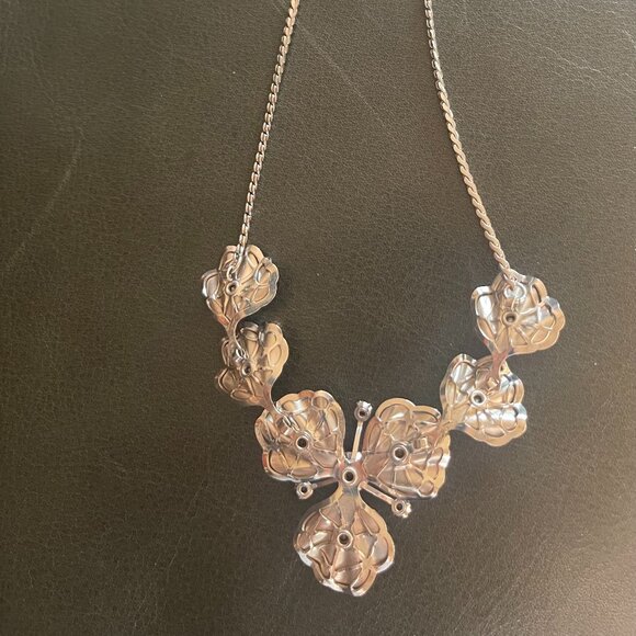 Mid Century Costume Silver and Rhinestone Petal Necklace - Picture 3 of 3